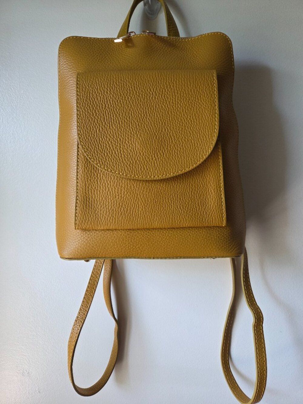 NEW W/O TAG GENUINE LEATHER MUSTARD YELLOW THICK PEBBLED BACKPACK MADE IN ITALY
